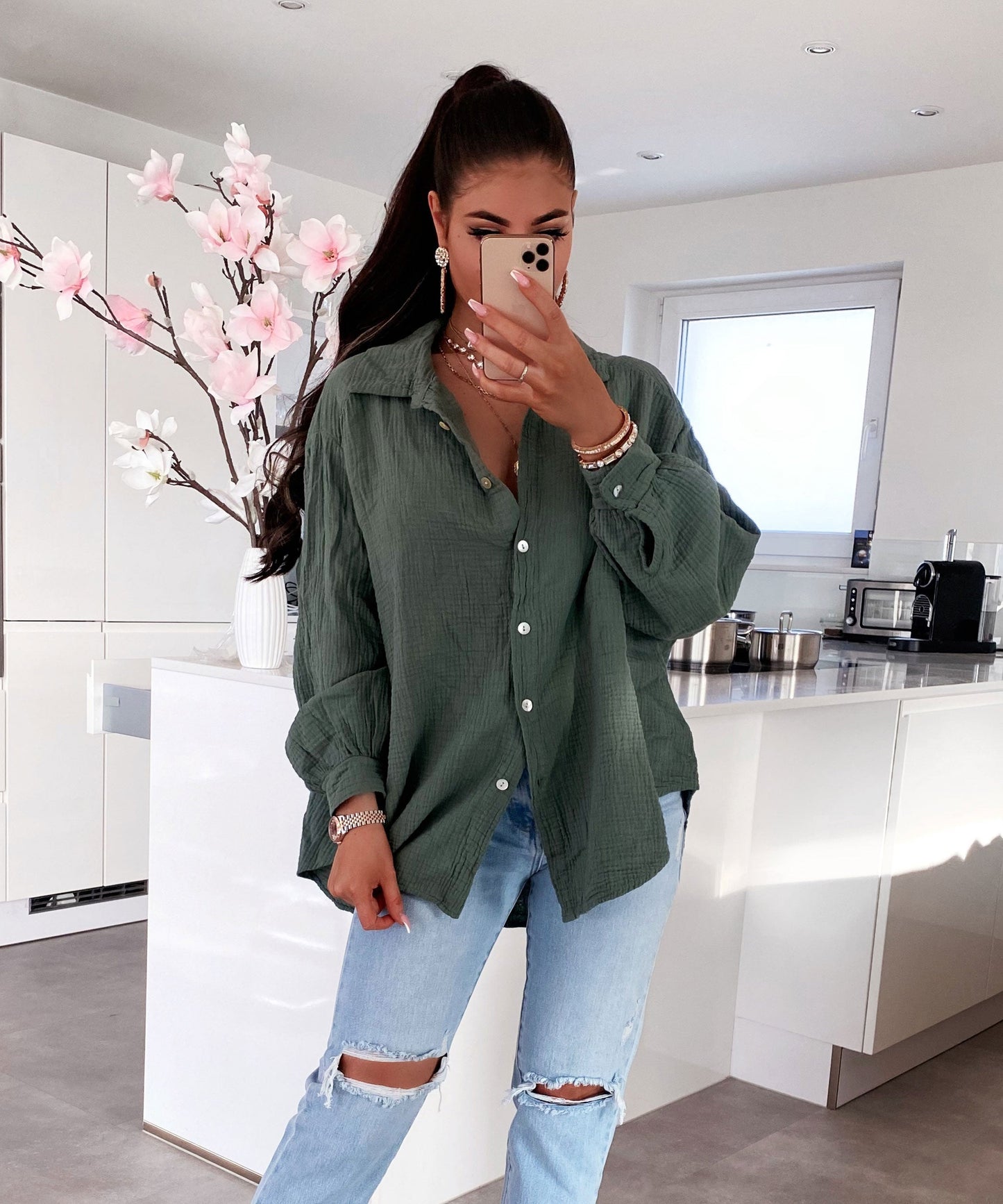 HERA Musselin Bluse Freya Khaki Kurz