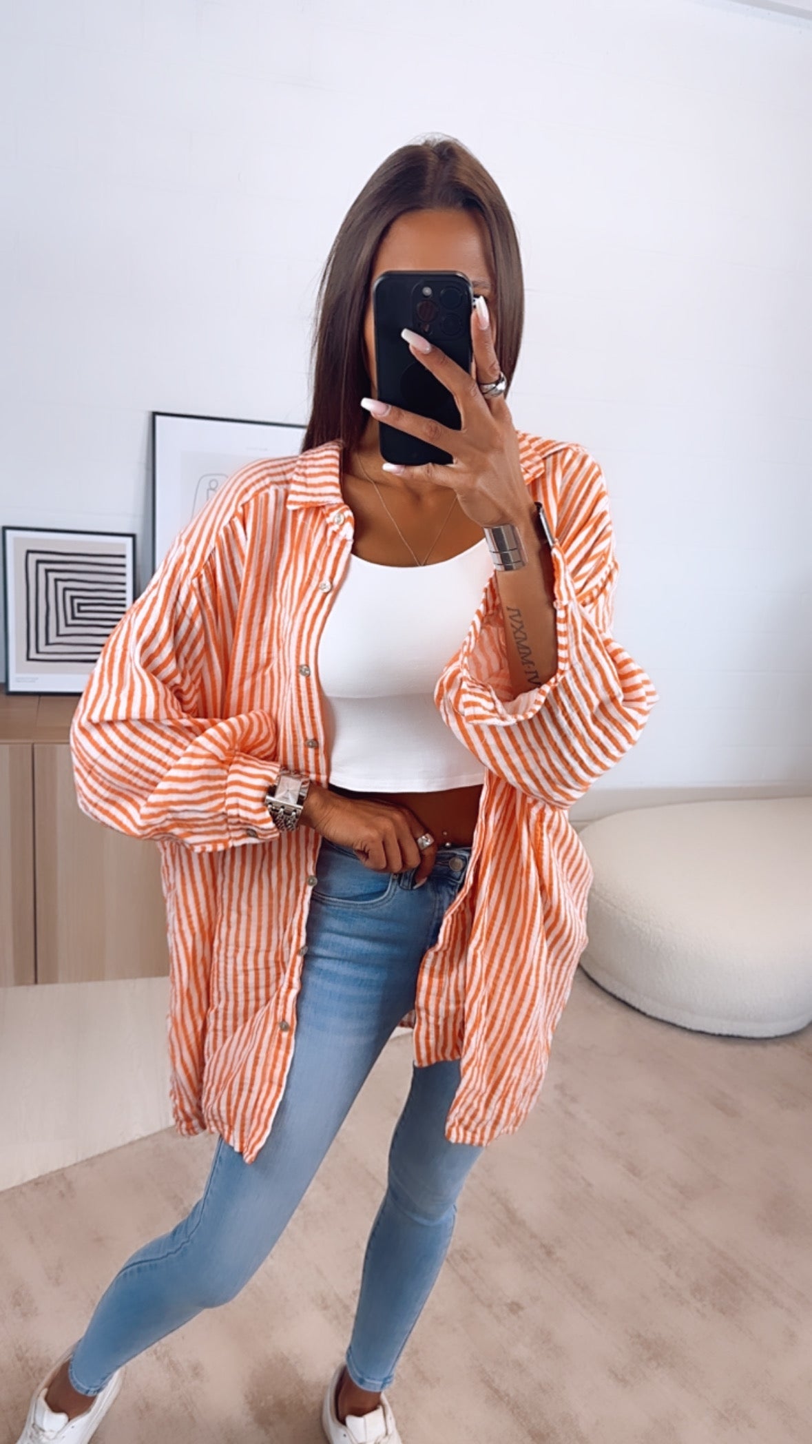 HERA OVERSIZE Musselin Bluse mit Streifen / weiss - orange Art. 6604