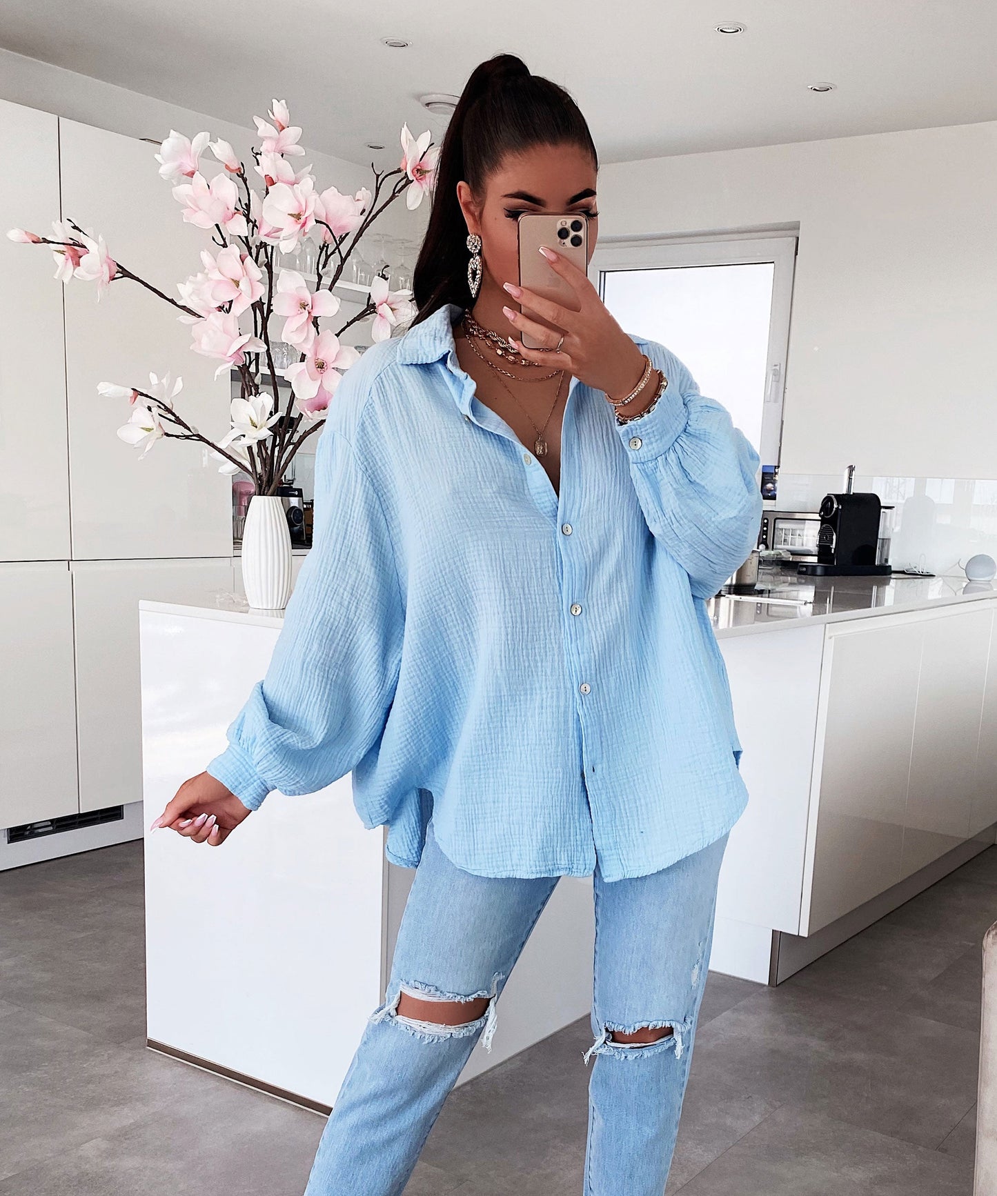 HERA Musselin Bluse Freya Hellblau Kurz