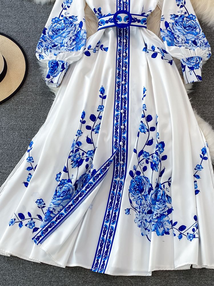 HERA Blumenmuster-Kleid | Maxikleid mit langen Ärmeln und Blumendruck, mit Gürtel