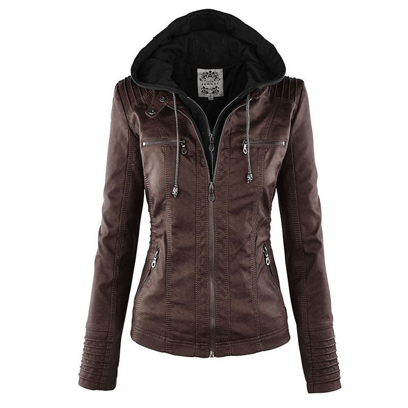 HERA Lederimitat Mantel | Damen Kapuzenjacke: Basic PU-Jacke