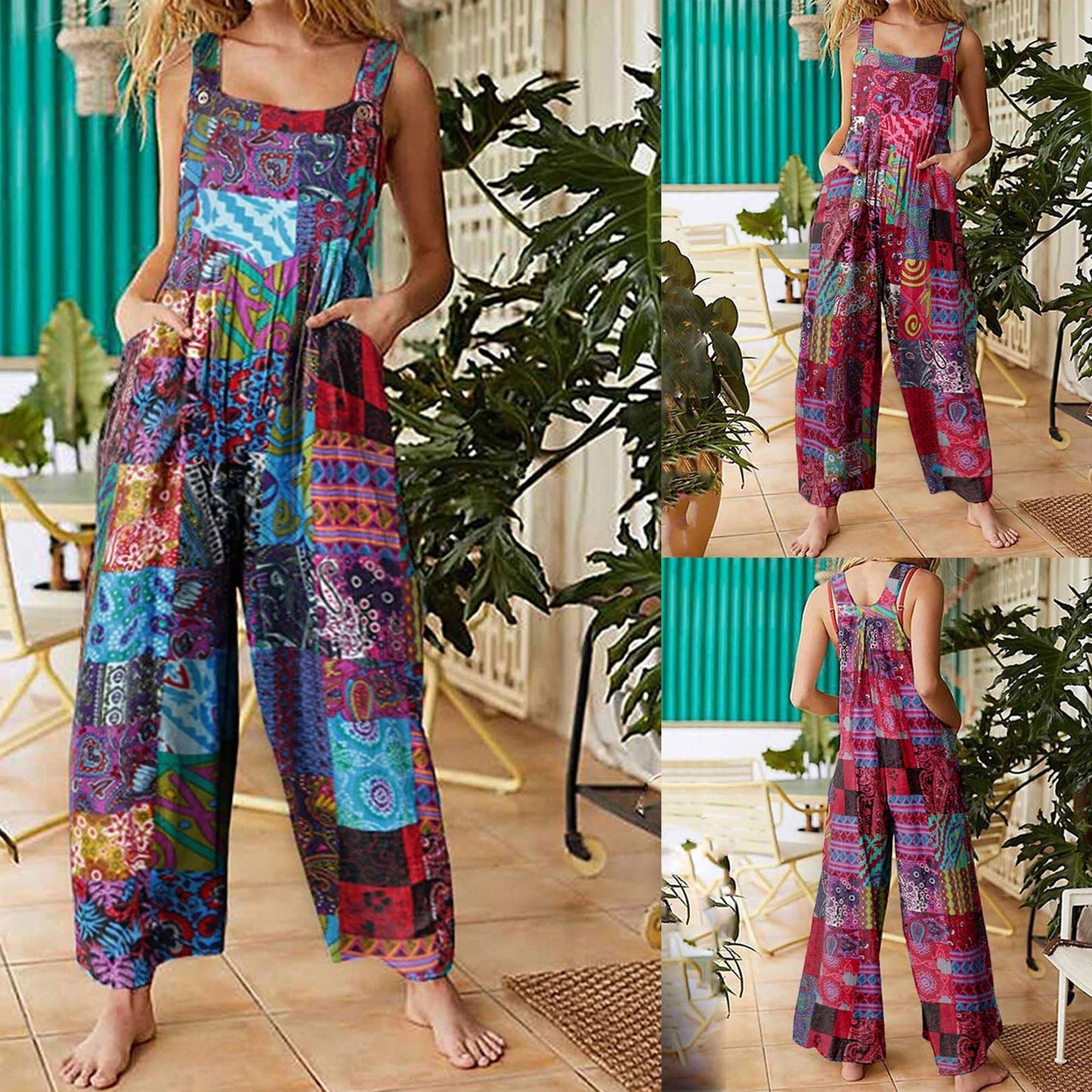 HERA -Stil Damen Jumpsuits | Sommerliche Overalls mit Multicolor-Muster