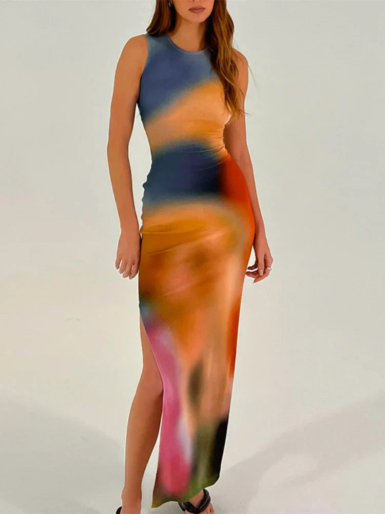 HERA - Damen Midi-Kleid mit Tie-Dye-Druck und Rippenmuster - Bodycon-Stil mit seitlichem Schlitz