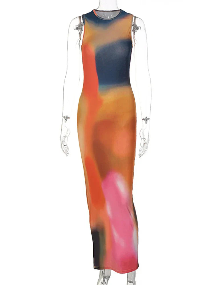 HERA - Damen Midi-Kleid mit Tie-Dye-Druck und Rippenmuster - Bodycon-Stil mit seitlichem Schlitz