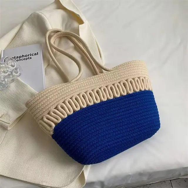 HERA - Damen Schultertasche mit großer Kapazität handgefertigt aus Strick-Kit-Stoff und Stroh