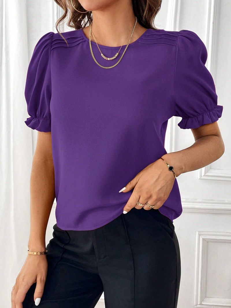 HERA Pure-Color-Rundhals-Shirt-Top mit Temperament