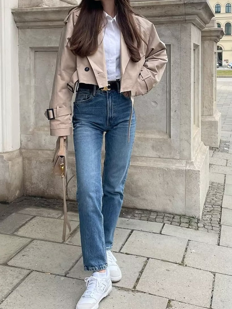 HERA Damenmode mit Gürtel Oversized Cropped Trenchcoat | Vintage, Doppelknopf, Langarm