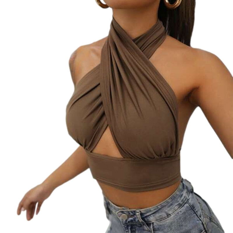 HERA Attraktive Ausschnitt: Verführerisches Cross-Halter Neck Crop Top mit Push-Up Effekt