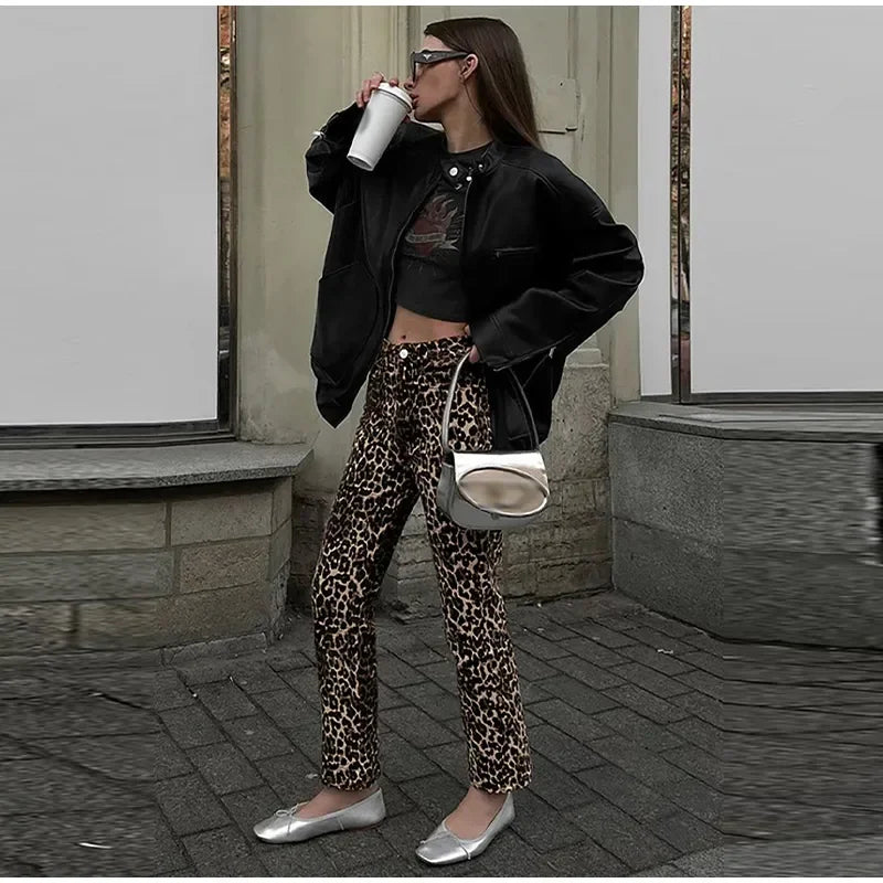 HERA Leopard-Print-Jeans | Stylische schmale Streetwear Damenhose im Pencil-Stil