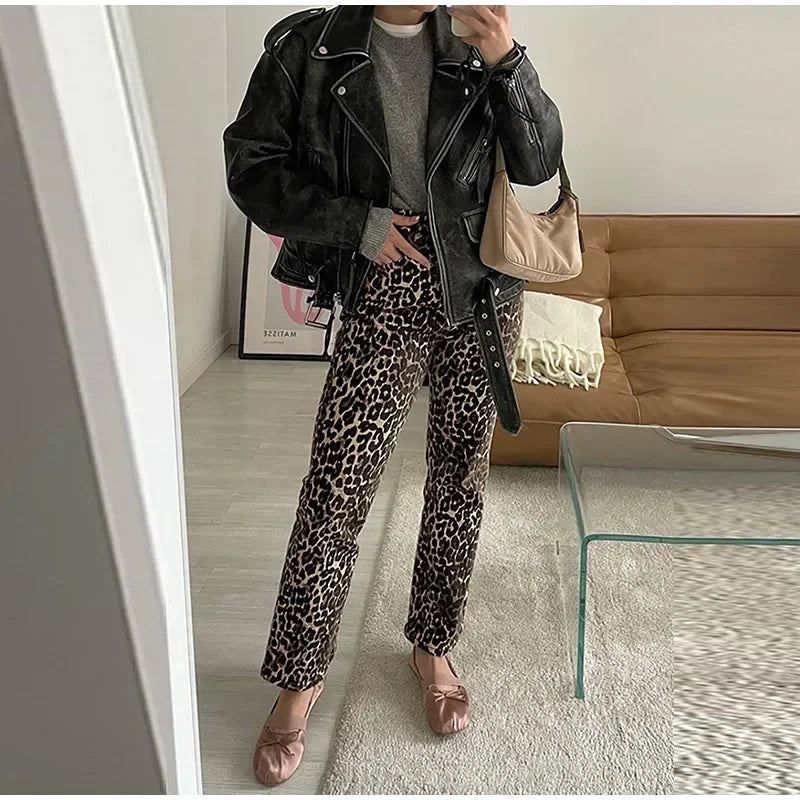 HERA Leopard-Print-Jeans | Stylische schmale Streetwear Damenhose im Pencil-Stil