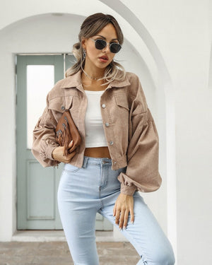 HERA Damenjacken | Lantern Sleeve Cropped Bomber Jacke: Modischer Vintage Mantel