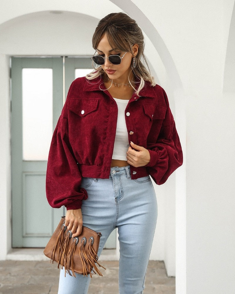 HERA Damenjacken | Lantern Sleeve Cropped Bomber Jacke: Modischer Vintage Mantel