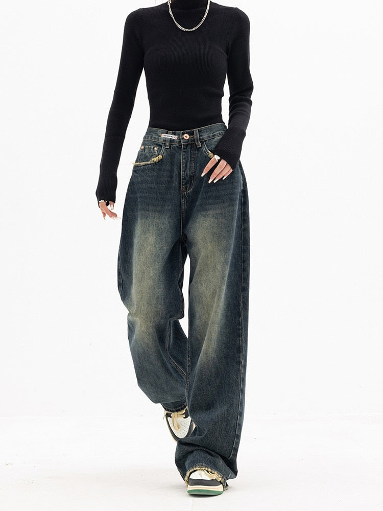 HERA Lässige Y2K-Jeans | Damen Vintage Streetwear Korean Baggy Blue Jeans