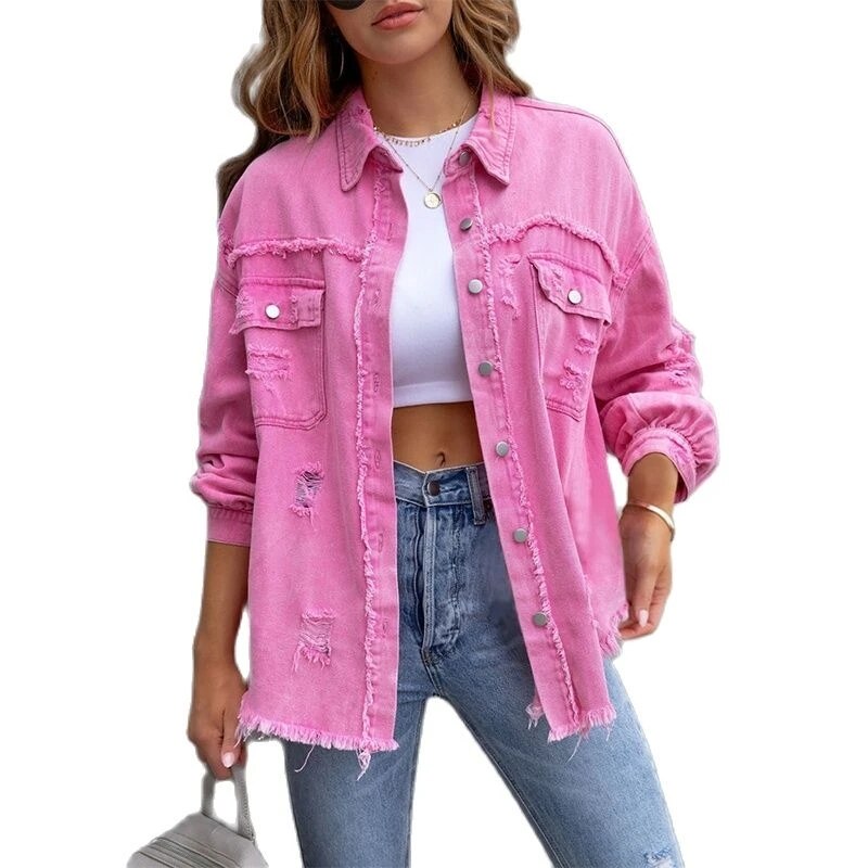 HERA Damen Jeansjacke | Lässiges Shirt-Style Jeancoat mit Löchern: Stilvolle Damen Oberbekleidung