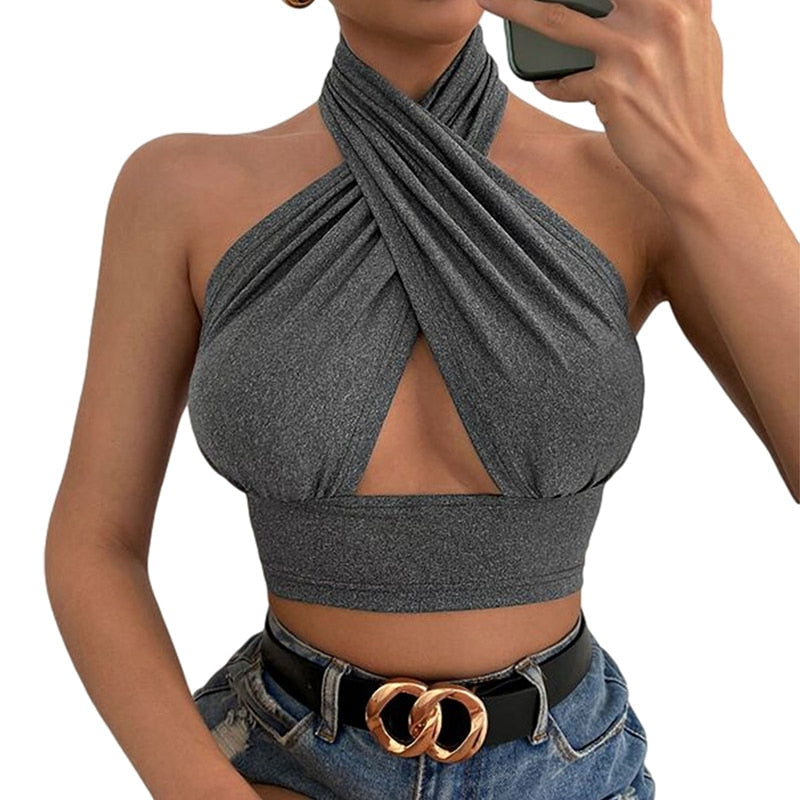 HERA Attraktive Ausschnitt: Verführerisches Cross-Halter Neck Crop Top mit Push-Up Effekt