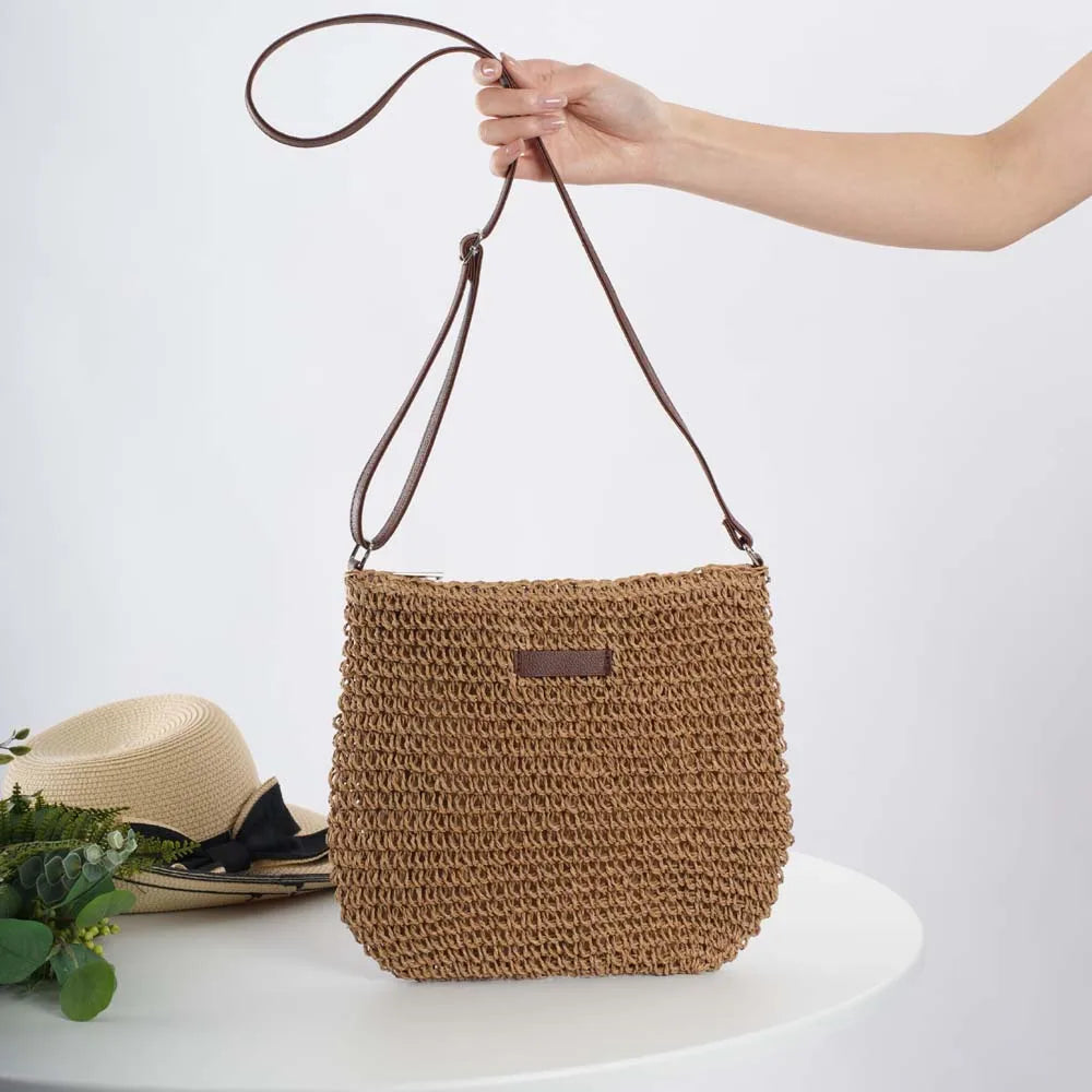 HERA - Damen Lässige Strohgestrickte Schultertasche mit Innen-Reißverschlusstasche