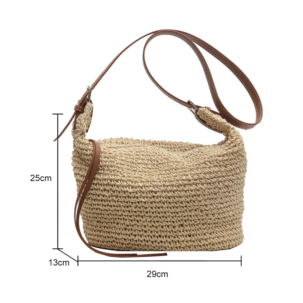 HERA - Bohemian Style Strohgewebte Schultertasche mit Reißverschluss für Frauen