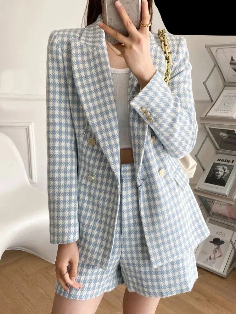 HERA - Damen Vintage Hahnentrittmuster Zweireihiger Tweed-Blazer mit aufgesetzten Taschen