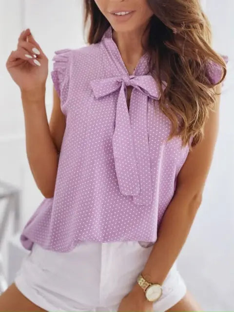 HERA - Damen Sommerliche Ärmellose Bluse mit Polka Dots, Rüschen und Schleifen-Detail