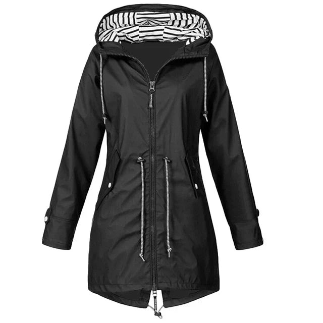 HERA - Damen wasserdichter Hoodie-Trenchcoat mit Taillenkordelzug, Reißverschluss und Außentaschen