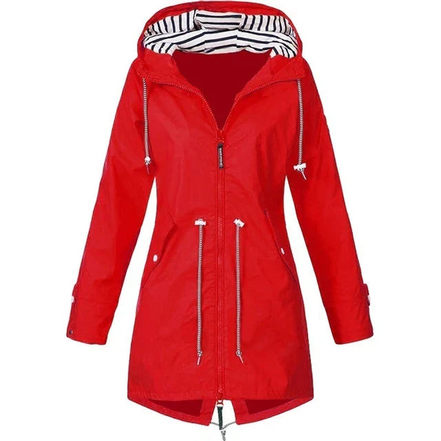 HERA - Damen wasserdichter Hoodie-Trenchcoat mit Taillenkordelzug, Reißverschluss und Außentaschen