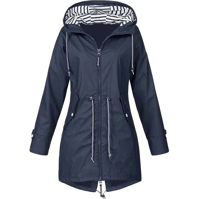 HERA - Damen wasserdichter Hoodie-Trenchcoat mit Taillenkordelzug, Reißverschluss und Außentaschen