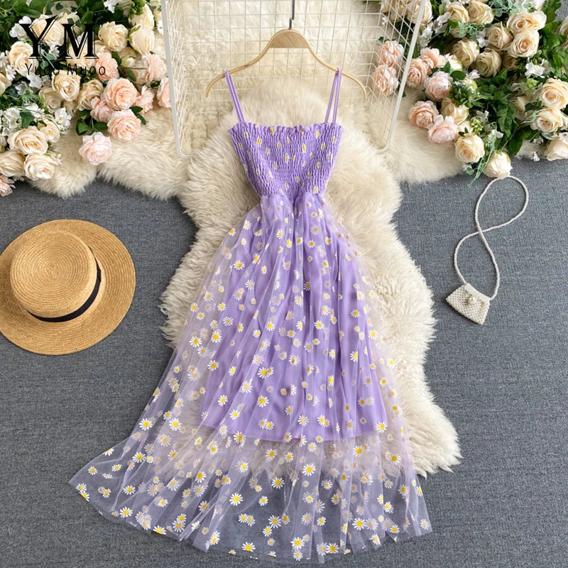 HERA - Damen Sommerliches Mesh-Partykleid mit Gänseblümchen-Blumendruck und Spaghettiträger