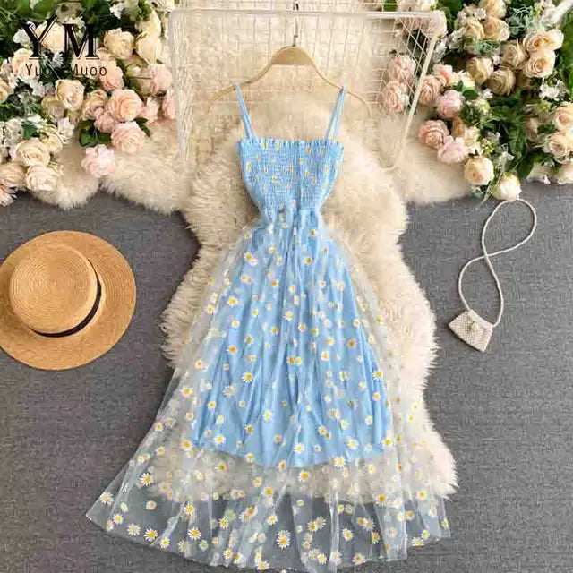 HERA - Damen Sommerliches Mesh-Partykleid mit Gänseblümchen-Blumendruck und Spaghettiträger