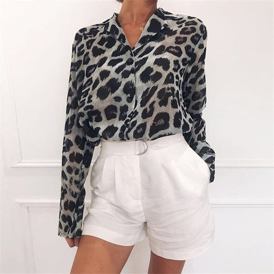 HERA | Classy Langarm Leopard Print Bluse Turn Down Kragen