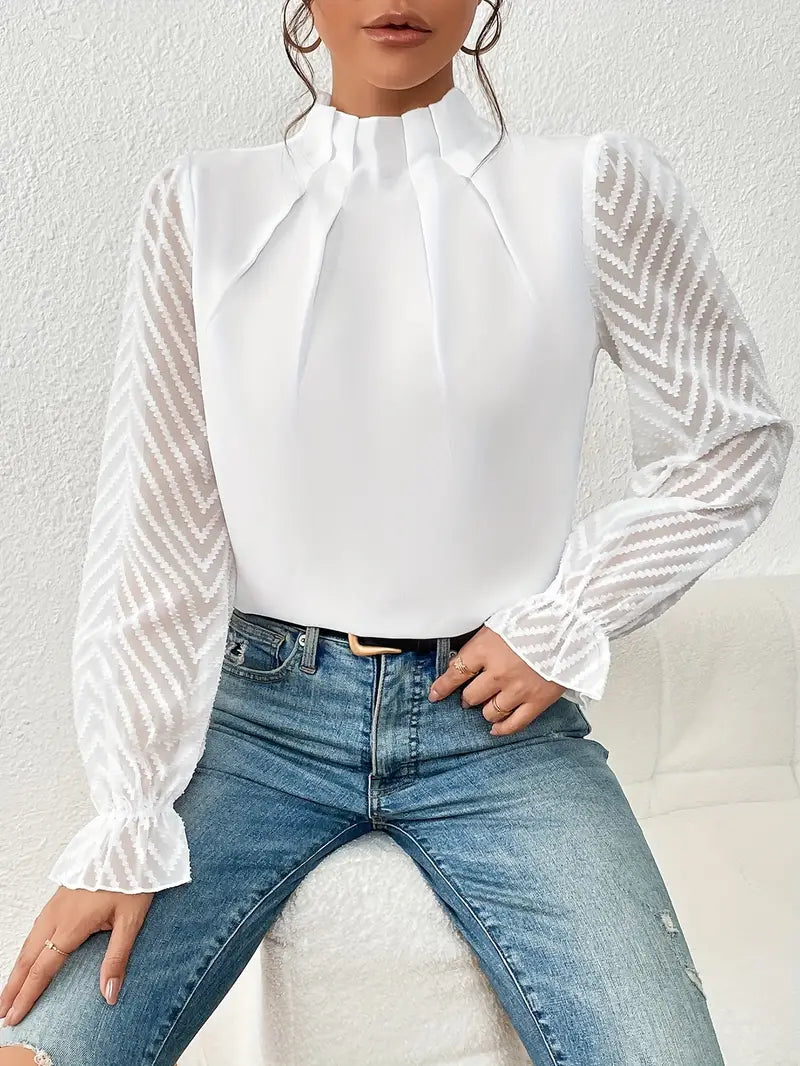 HERA Bluse | Schicker plissierter top mit netzärmeln für damen