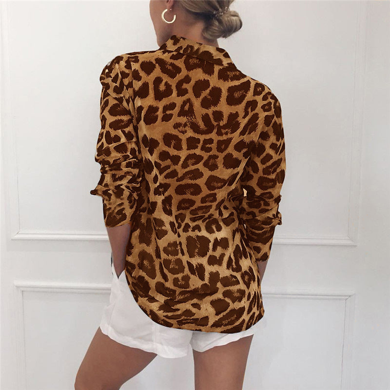 HERA | Classy Langarm Leopard Print Bluse Turn Down Kragen