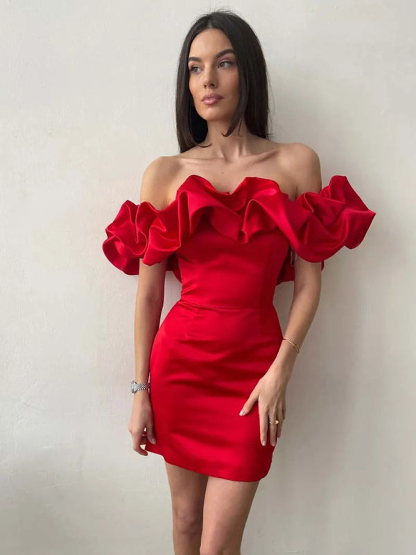 HERA | Satin Ruffle Off Shoulder Kleid