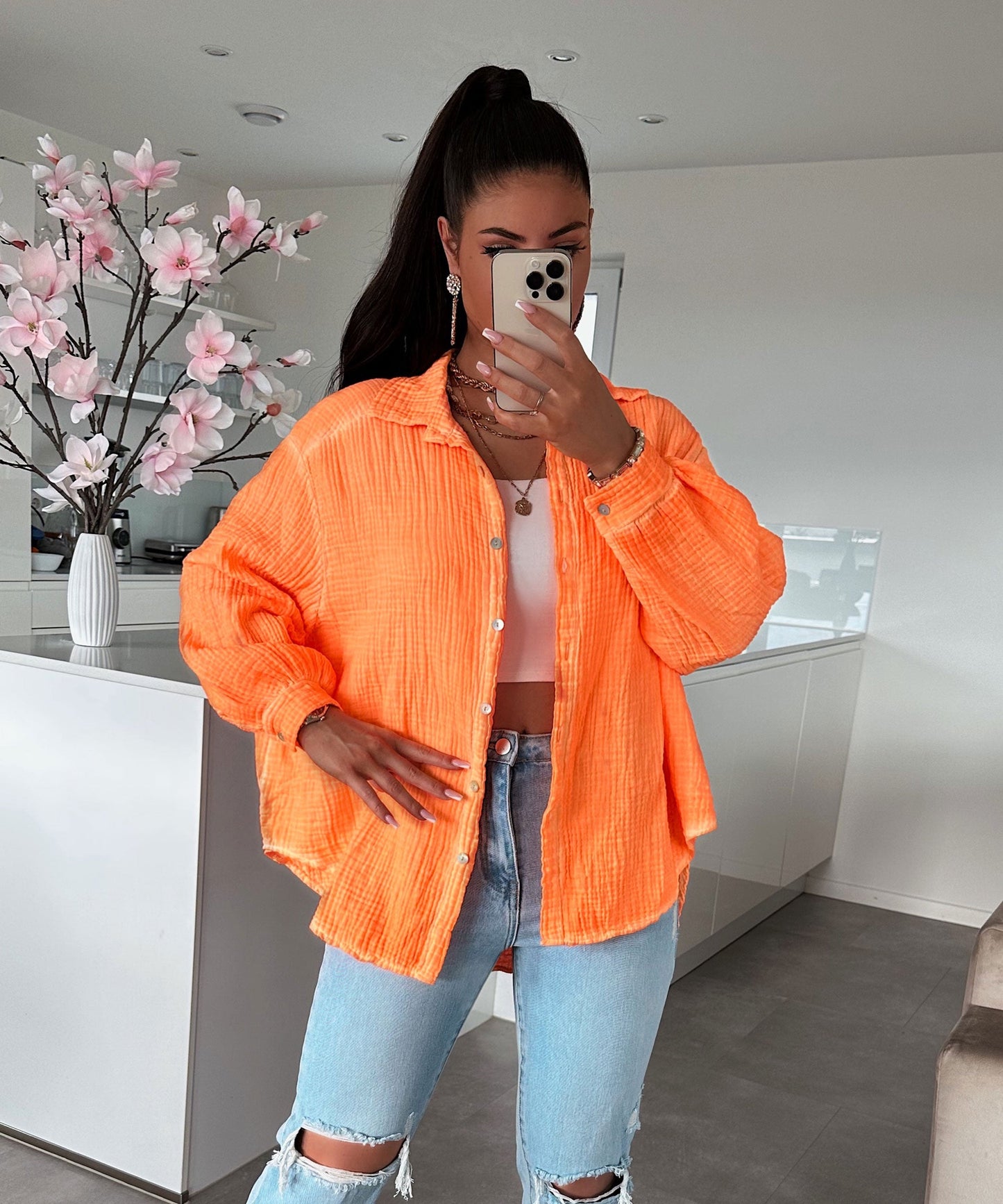 HERA Musselin Bluse Freya Neonorange Kurz