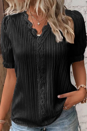 HERA Verführerisches Spitzen-Shirt | Damen V-Ausschnitt Einfarbiges Hollow Lace Oberteil