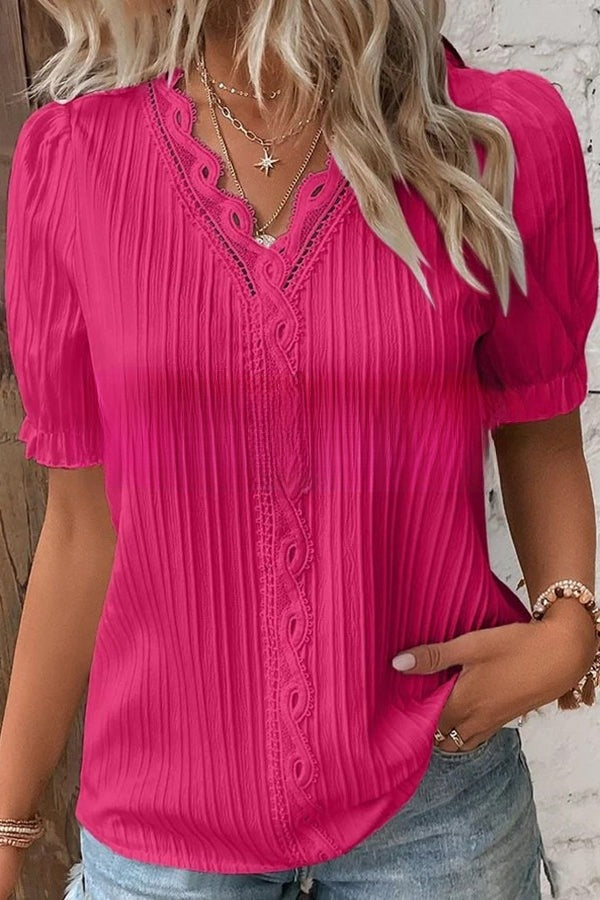 HERA Verführerisches Spitzen-Shirt | Damen V-Ausschnitt Einfarbiges Hollow Lace Oberteil